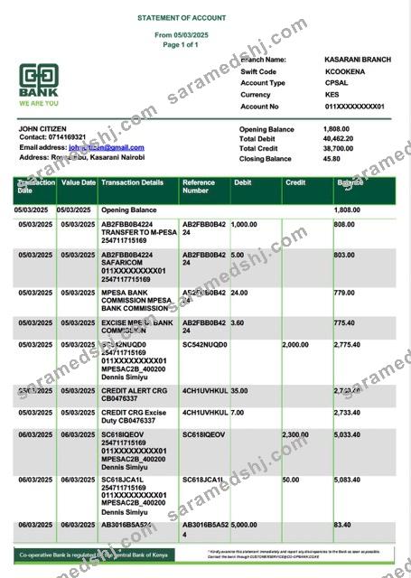 Kenya Co-operative Bank statement Word and PDF template, version 2